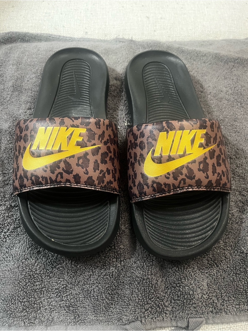 Nike Womens Leopard Print Slides with Yellow Logo